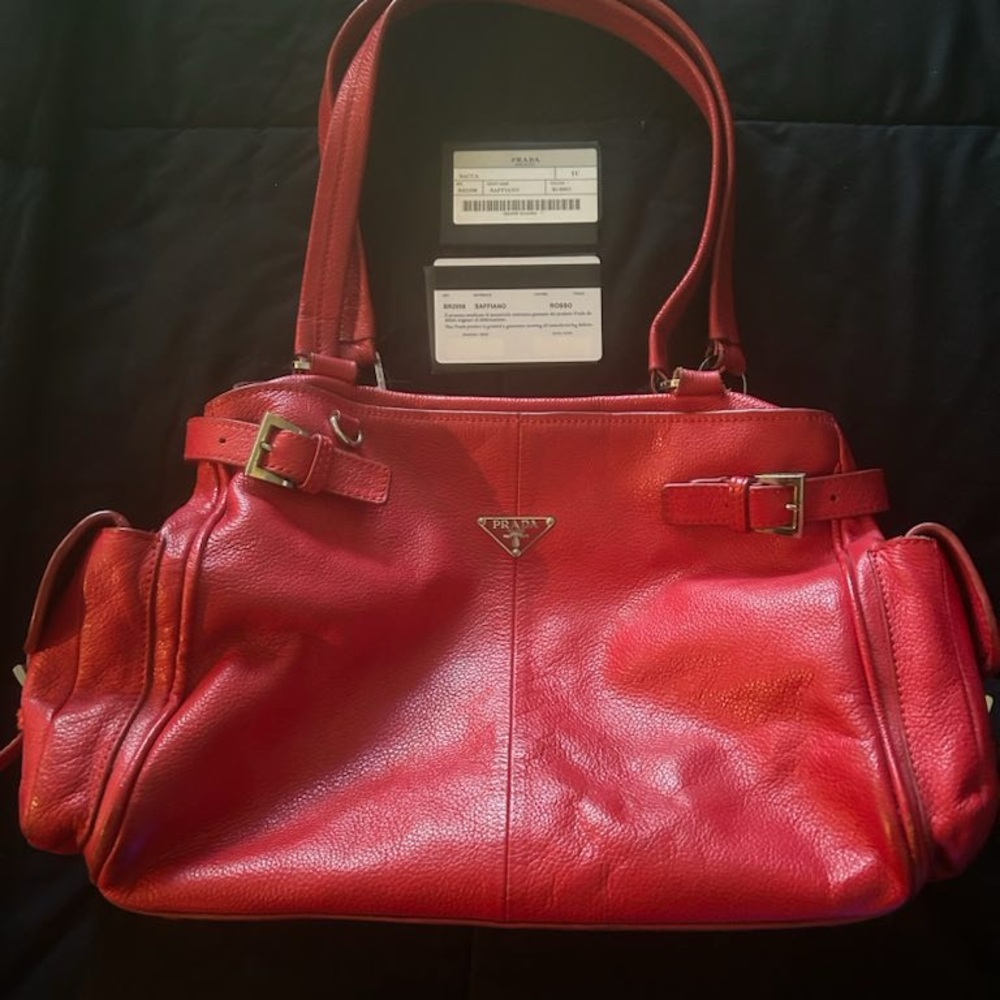 Authentic Prada Double Handled Red Pebble Leather Hand Purse - LIKE NEW